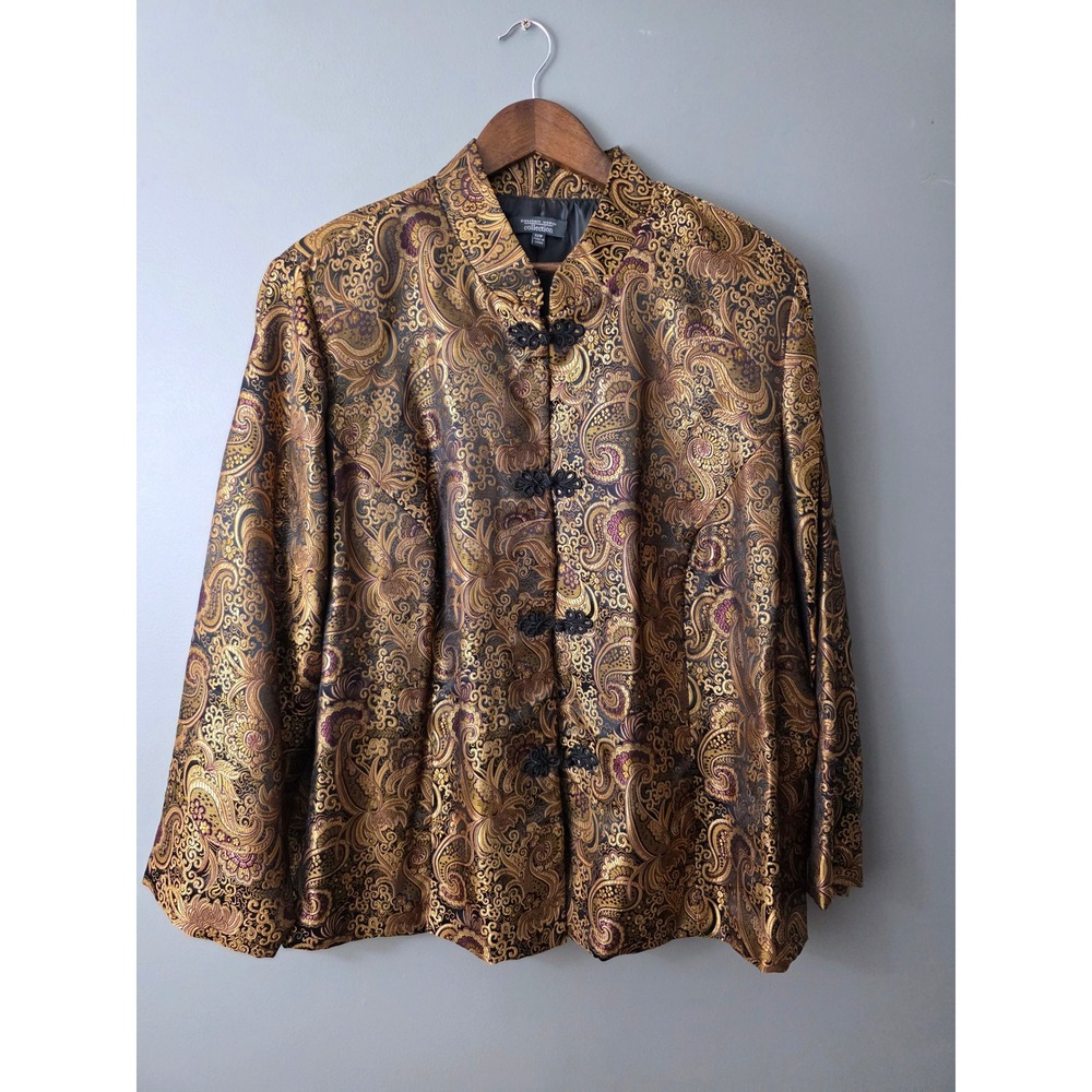 Dressbarn Woman Gold Paisley Brocade Mandarin Collar Frog Closure Jacket 22W